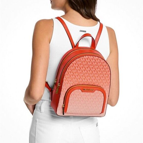 New Michael Kors Jaycee Medium Ombré Signature Logo Backpack Red Clay - Picture 2 of 4
